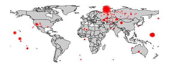 A map of nuclear explosions, showing the blast yield, between 1945 and 1998