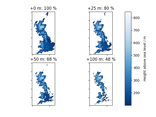 Great Britain under various amounts of sea level rise