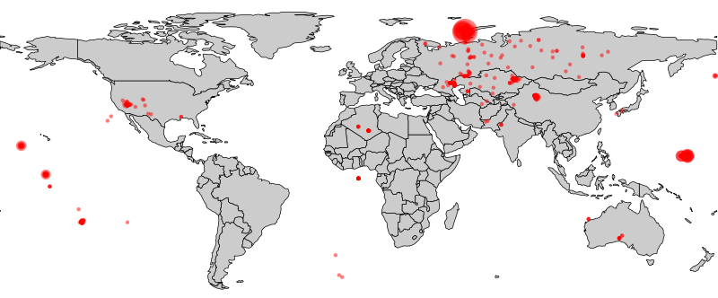 A map of nuclear explosions, showing the blast yield, between 1945 and 1998